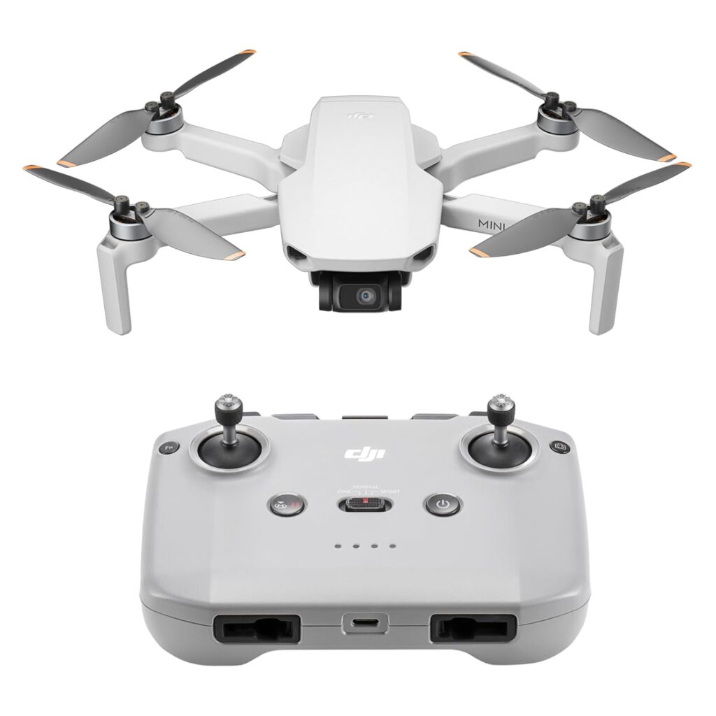 a drone and controller on a white background